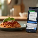 Uma cozinha moderna com um prato de massa fresca na mesa e um smartphone exibindo uma tela de aplicativo de mensagens.