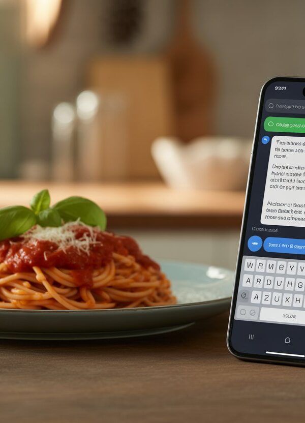 Uma cozinha moderna com um prato de massa fresca na mesa e um smartphone exibindo uma tela de aplicativo de mensagens.