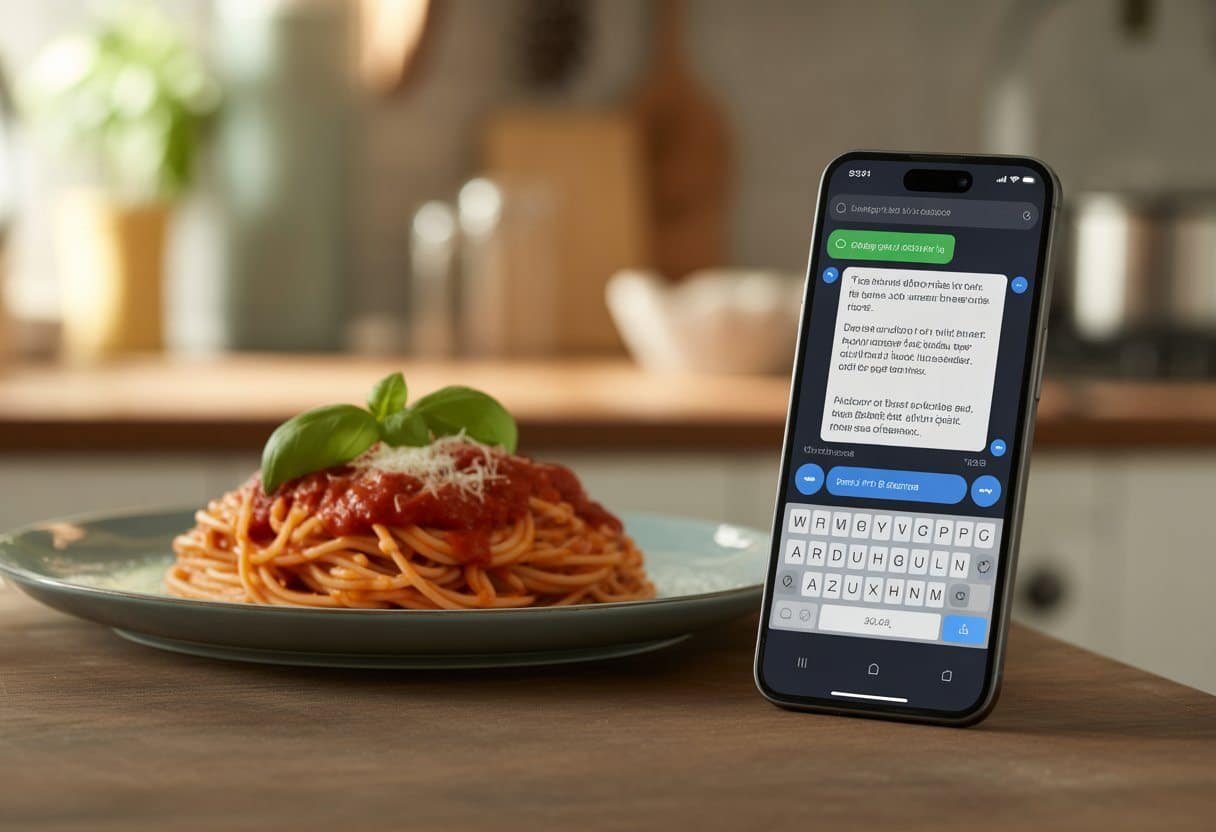 Uma cozinha moderna com um prato de massa fresca na mesa e um smartphone exibindo uma tela de aplicativo de mensagens.