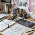 Mesa de trabalho com materiais de desenho e esboços de personagens em poses dinâmicas.
