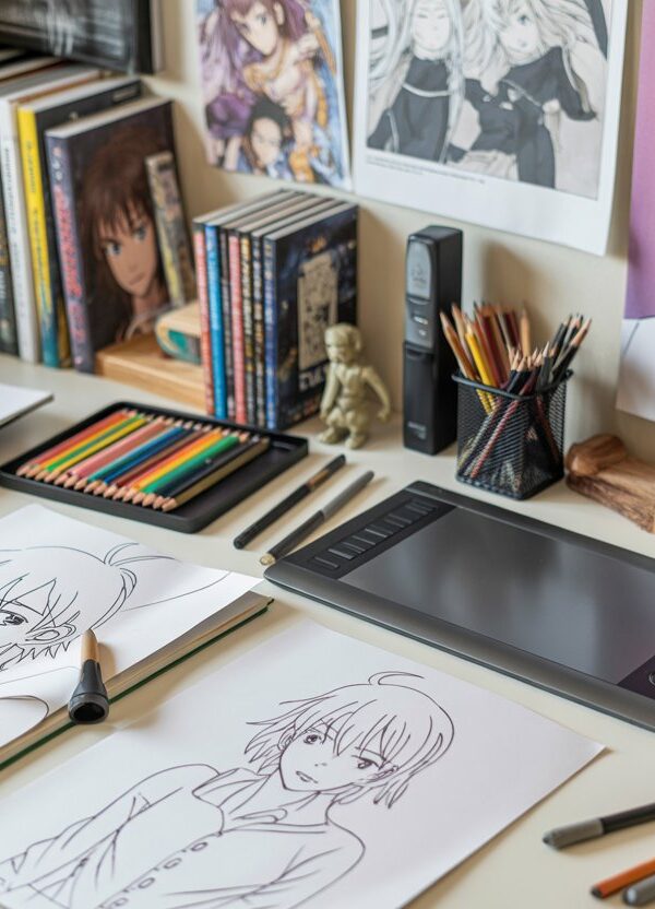 Mesa de trabalho com materiais de desenho e esboços de personagens em poses dinâmicas.