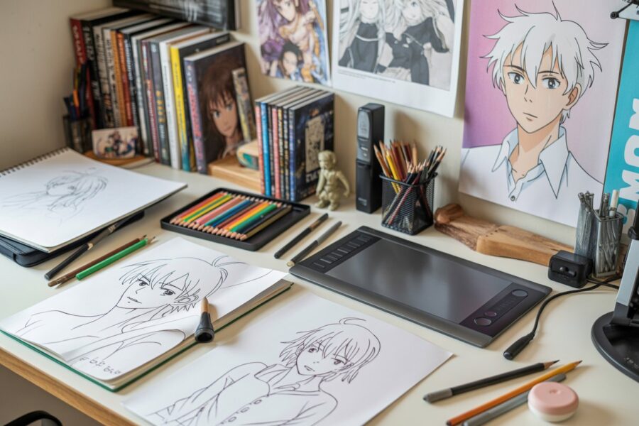 Mesa de trabalho com materiais de desenho e esboços de personagens em poses dinâmicas.