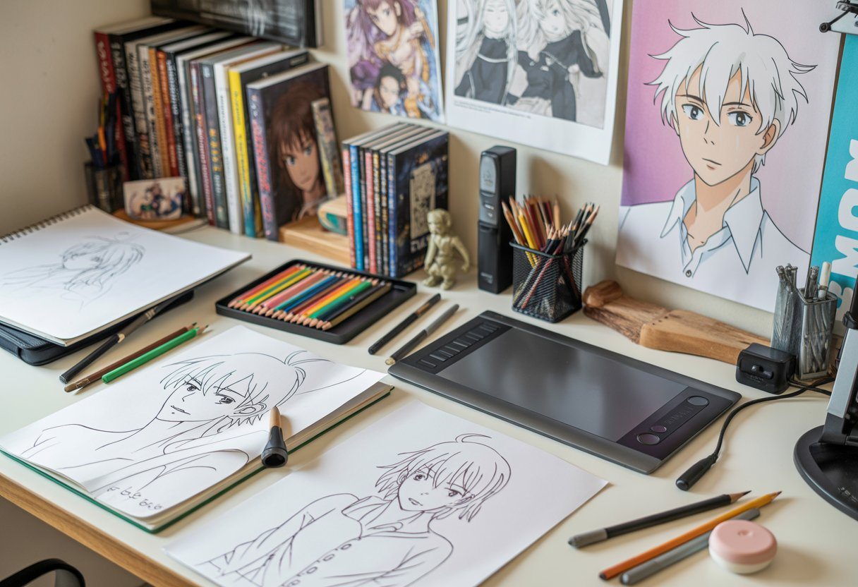Mesa de trabalho com materiais de desenho e esboços de personagens em poses dinâmicas.