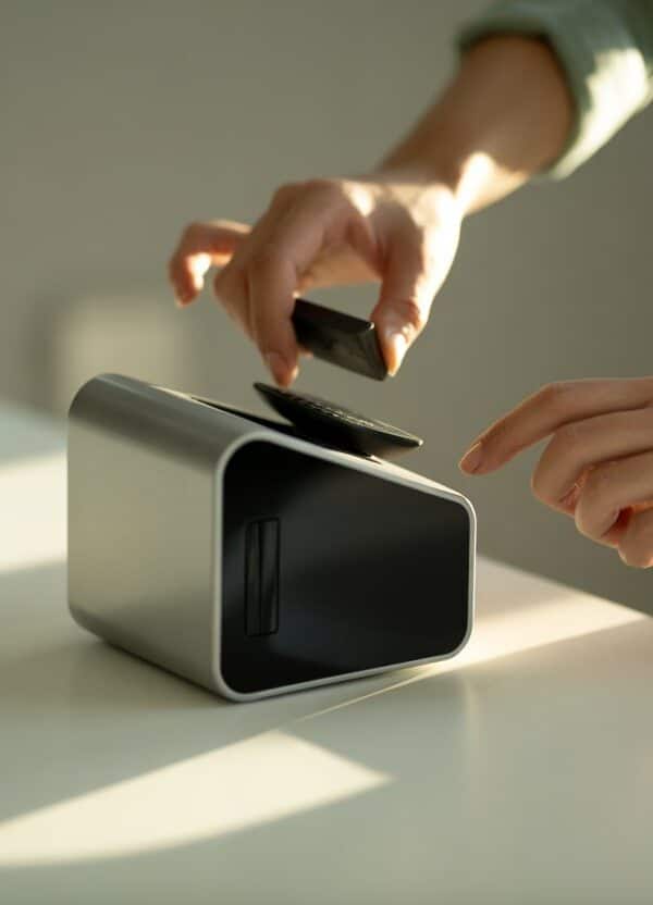 Pessoa desbloqueando um dispositivo eletrônico compacto sem usar cartão, com as mãos interagindo com o aparelho sobre uma mesa limpa.