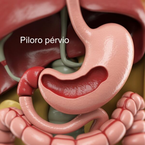 Imagem médica detalhada do estômago humano mostrando o piloro aberto e desobstruído, permitindo a passagem de alimentos para o intestino.