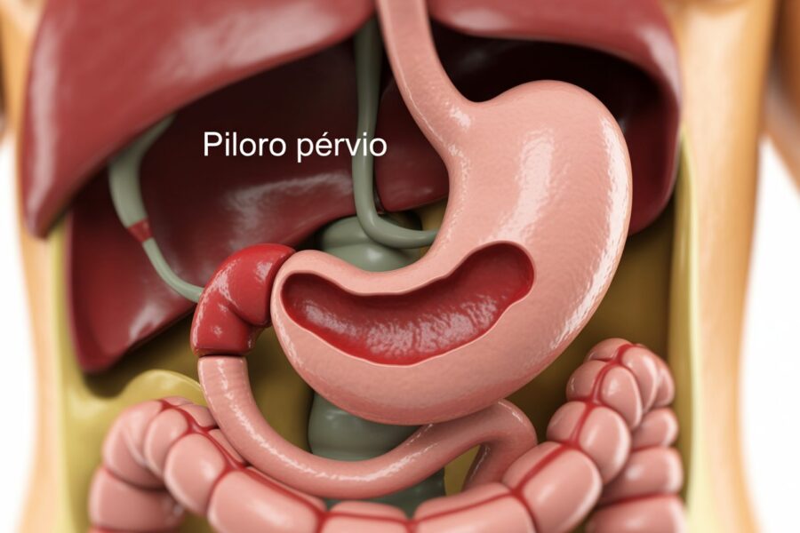 Imagem médica detalhada do estômago humano mostrando o piloro aberto e desobstruído, permitindo a passagem de alimentos para o intestino.