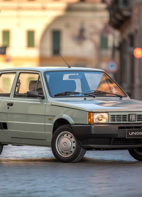 Um carro Fiat Uno clássico estacionado em uma rua de cidade italiana com prédios históricos ao fundo.