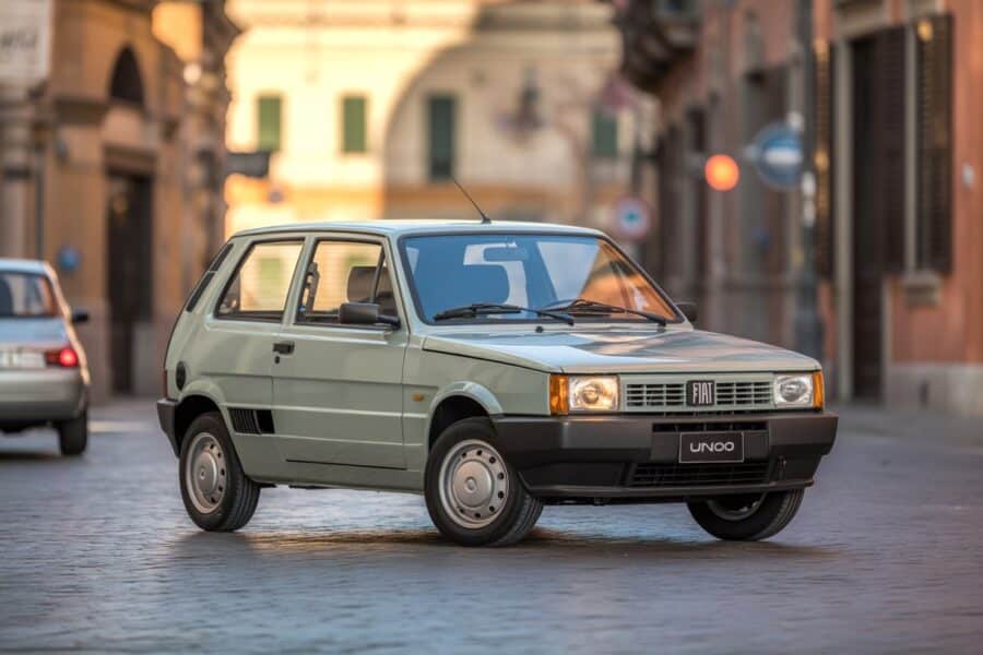 Um carro Fiat Uno clássico estacionado em uma rua de cidade italiana com prédios históricos ao fundo.