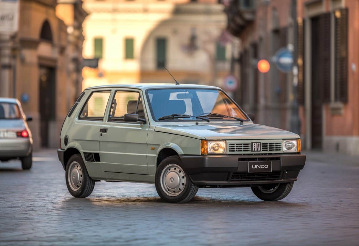 Um carro Fiat Uno clássico estacionado em uma rua de cidade italiana com prédios históricos ao fundo.