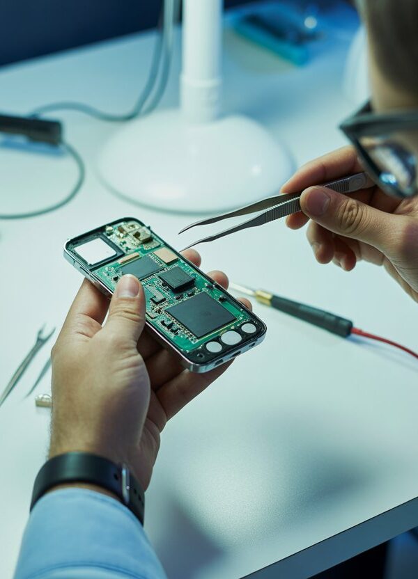 Técnico consertando a antena de um celular em uma bancada organizada com ferramentas de reparo eletrônico.