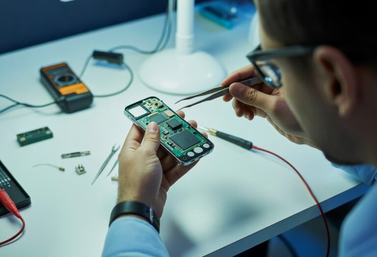 Técnico consertando a antena de um celular em uma bancada organizada com ferramentas de reparo eletrônico.