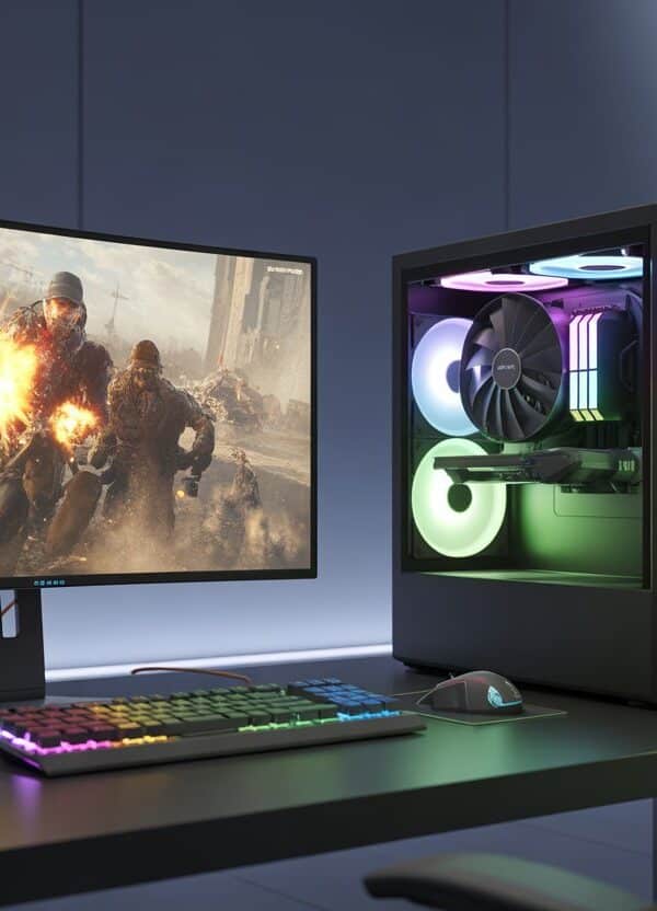 Setup de jogo moderno com computador potente, monitor grande mostrando uma cena de batalha de videogame, teclado e mouse de jogo, em uma sala de jogos iluminada.