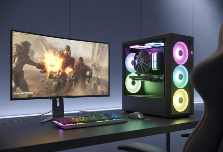 Setup de jogo moderno com computador potente, monitor grande mostrando uma cena de batalha de videogame, teclado e mouse de jogo, em uma sala de jogos iluminada.