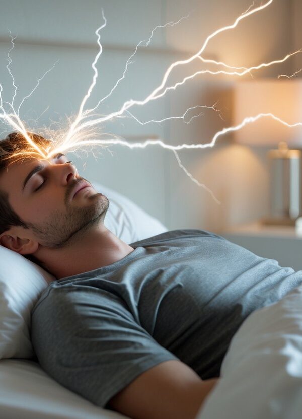 Homem jovem dormindo em um quarto moderno com efeitos sutis de faíscas elétricas ao redor da cabeça, simbolizando um choque durante o sonho.