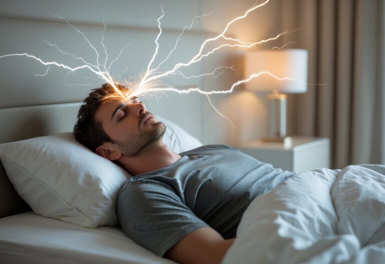 Homem jovem dormindo em um quarto moderno com efeitos sutis de faíscas elétricas ao redor da cabeça, simbolizando um choque durante o sonho.