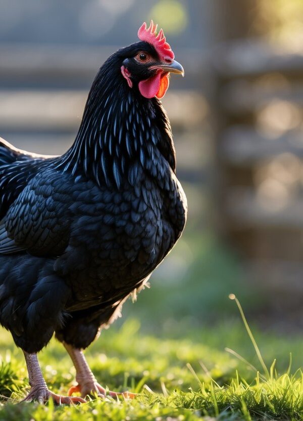 Uma galinha preta em pé sobre a grama em um ambiente de fazenda ao ar livre.