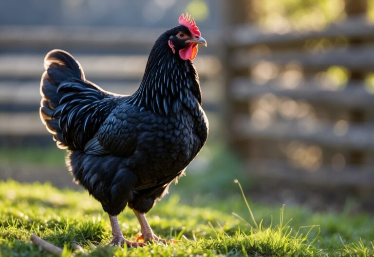 Uma galinha preta em pé sobre a grama em um ambiente de fazenda ao ar livre.