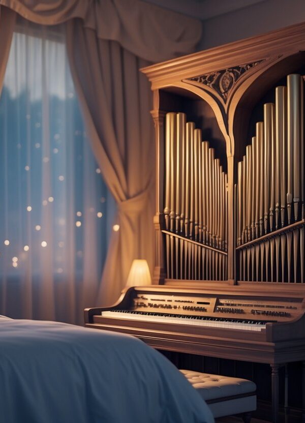 Cena noturna em um quarto com um grande órgão musical ao lado da cama, transmitindo uma sensação de sonho e força.