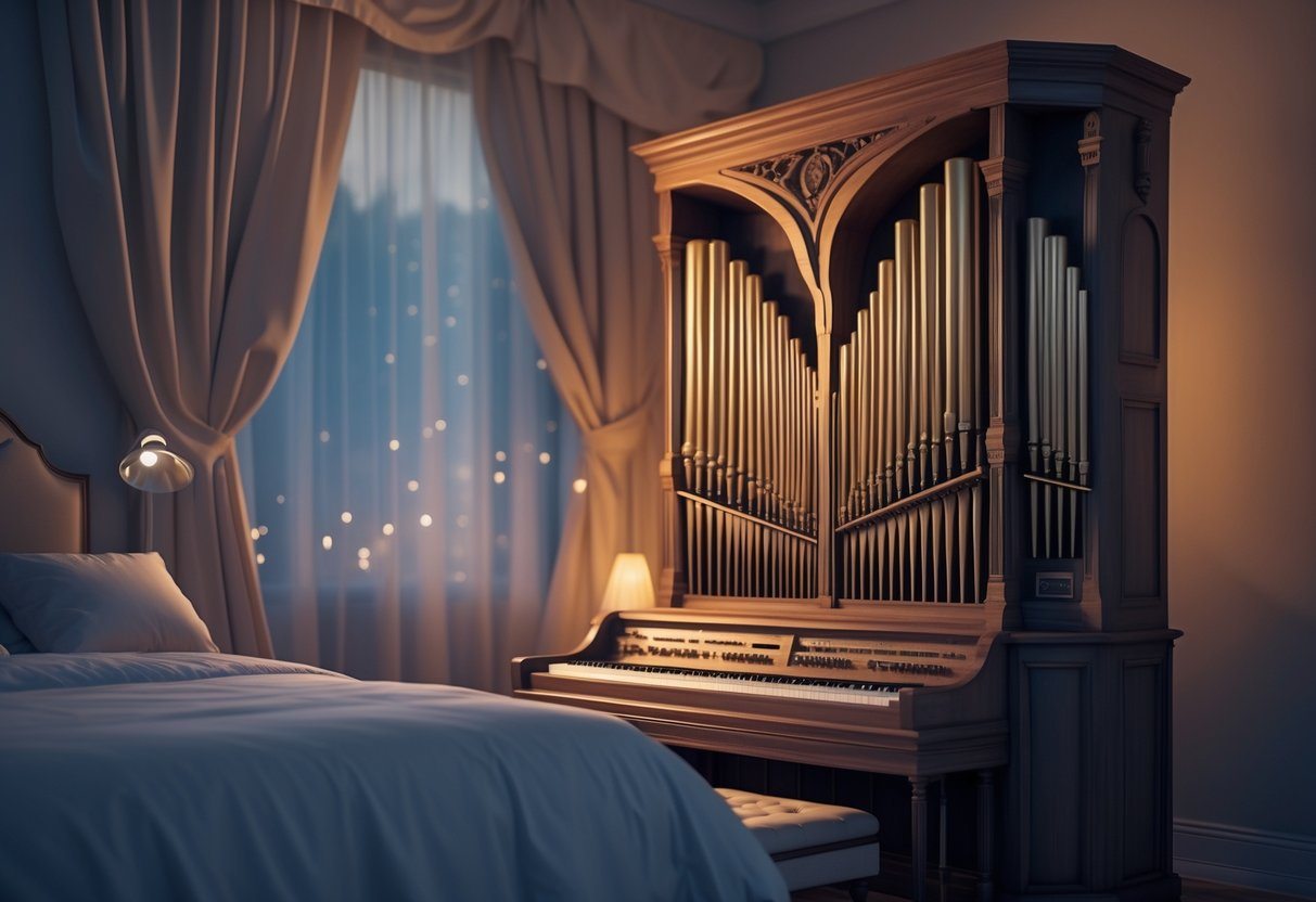 Cena noturna em um quarto com um grande órgão musical ao lado da cama, transmitindo uma sensação de sonho e força.