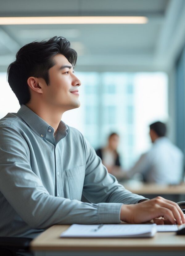 Pessoa pensativa sentada em uma mesa de escritório moderna, olhando pela janela com um sorriso suave, enquanto colegas trabalham ao fundo.