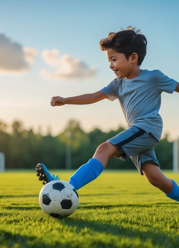 Um menino jogando bola em um campo verde sob a luz do sol ao entardecer.