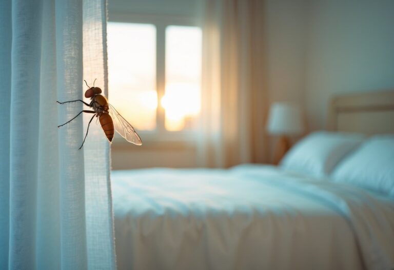 Um quarto tranquilo iluminado pela luz suave da manhã, com uma mosca pousada em uma cortina branca transparente.