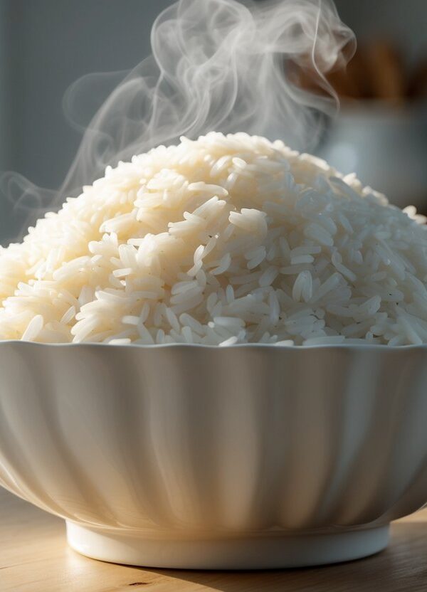 Uma tigela branca grande cheia de arroz cozido branco, com vapor saindo, sobre uma mesa de madeira.