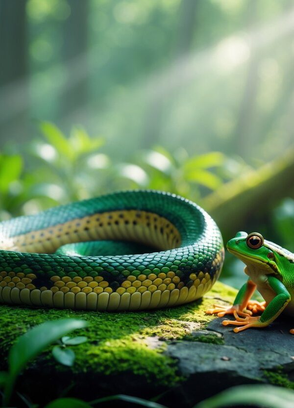 Uma cobra enrolada próxima a um sapo verde sobre uma pedra em um ambiente de floresta com vegetação ao redor.