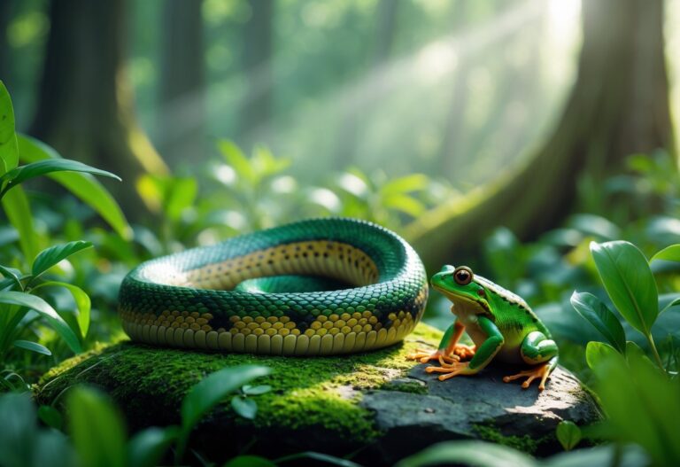 Uma cobra enrolada próxima a um sapo verde sobre uma pedra em um ambiente de floresta com vegetação ao redor.