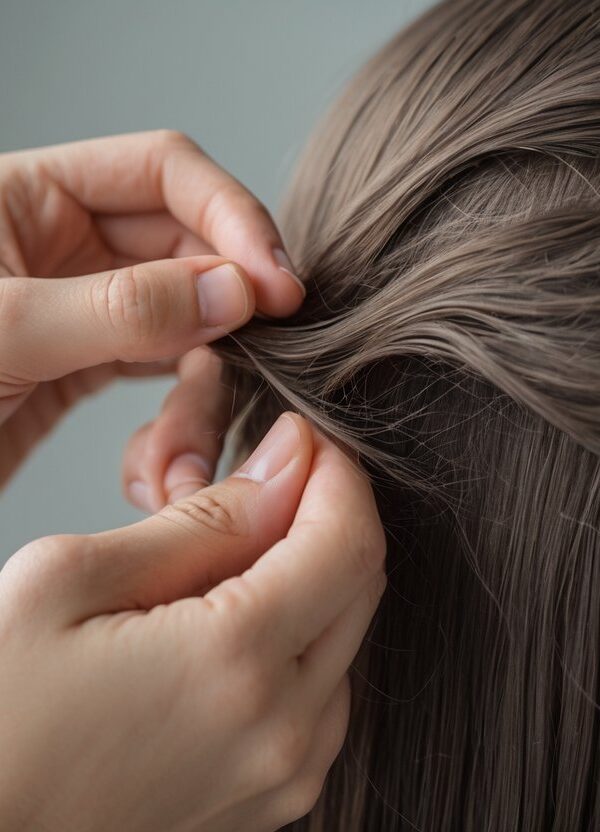 Uma pessoa examinando cuidadosamente o cabelo de outra pessoa em busca de piolhos.