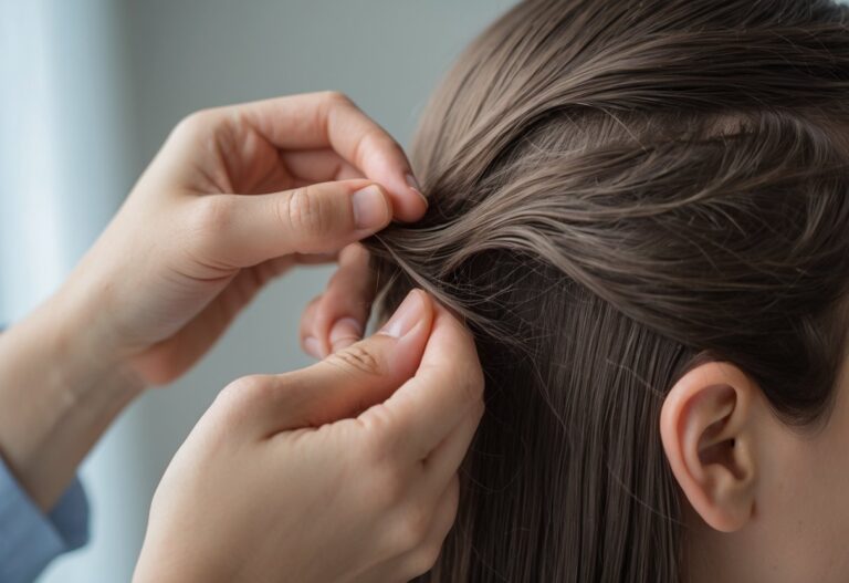 Uma pessoa examinando cuidadosamente o cabelo de outra pessoa em busca de piolhos.