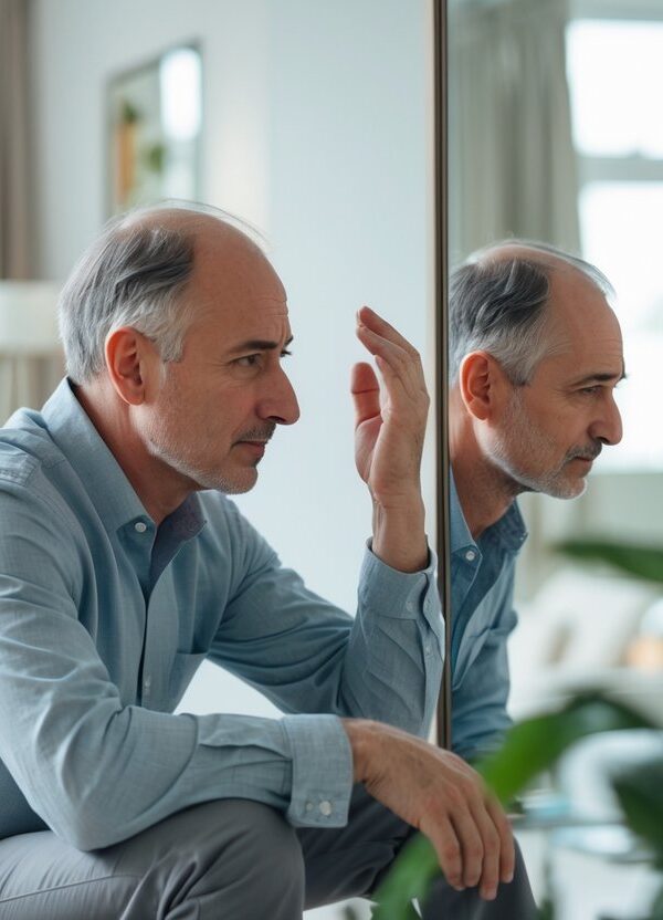 Homem de meia-idade olhando preocupado para o topo da cabeça refletido no espelho, mostrando cabelo ralo.