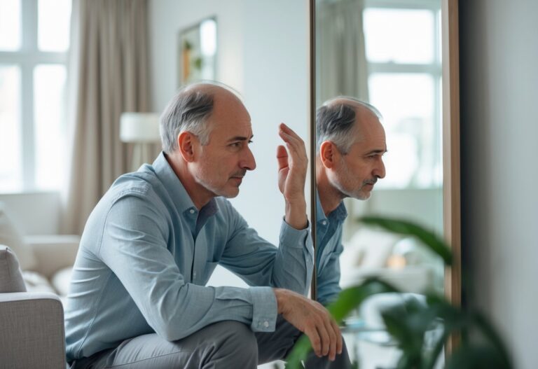 Homem de meia-idade olhando preocupado para o topo da cabeça refletido no espelho, mostrando cabelo ralo.