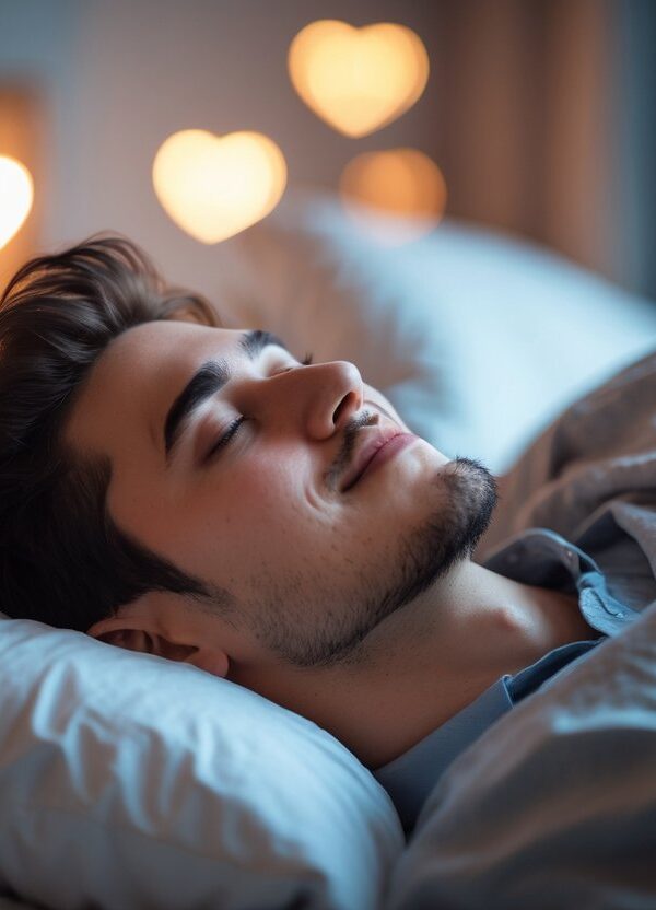 Pessoa jovem deitada na cama com sorriso tranquilo, parecendo estar sonhando, em um quarto aconchegante com iluminação suave.