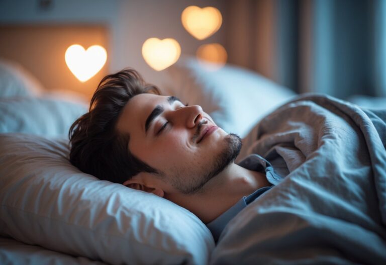 Pessoa jovem deitada na cama com sorriso tranquilo, parecendo estar sonhando, em um quarto aconchegante com iluminação suave.
