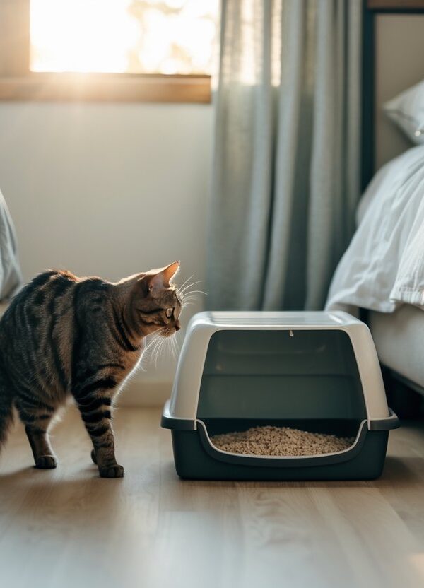 Um gato doméstico curioso se aproximando de uma caixa de areia limpa em um quarto iluminado pela luz da manhã.