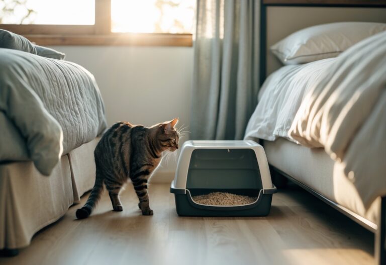 Um gato doméstico curioso se aproximando de uma caixa de areia limpa em um quarto iluminado pela luz da manhã.