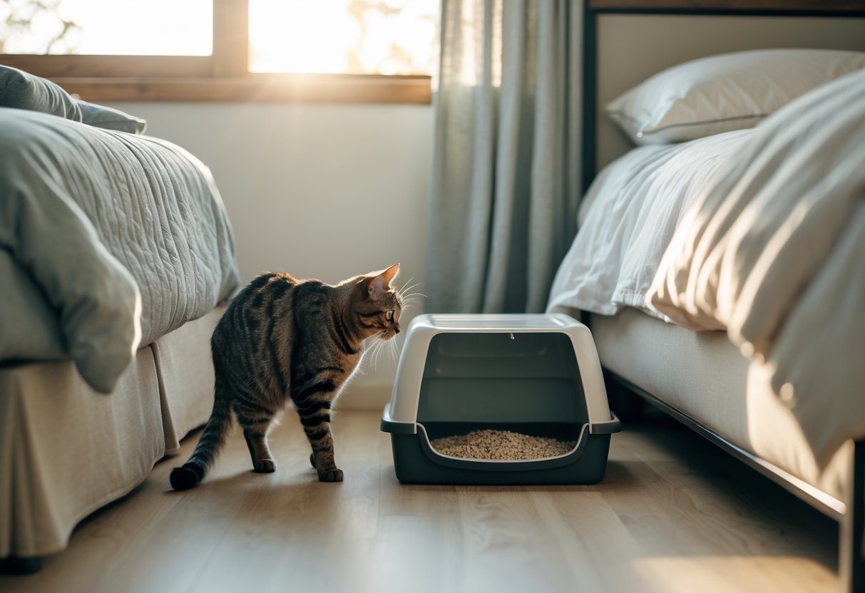 Um gato doméstico curioso se aproximando de uma caixa de areia limpa em um quarto iluminado pela luz da manhã.