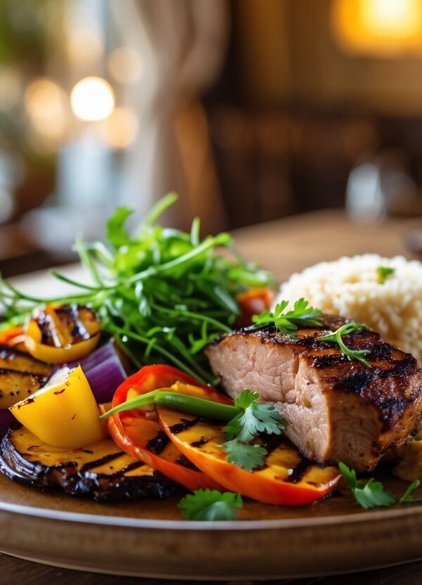 Prato de comida bem apresentado sobre uma mesa de madeira, com vegetais grelhados, carne temperada e arroz, em um ambiente acolhedor.