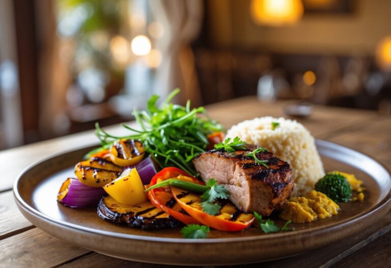 Prato de comida bem apresentado sobre uma mesa de madeira, com vegetais grelhados, carne temperada e arroz, em um ambiente acolhedor.