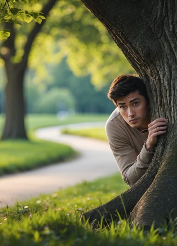 Pessoa jovem se escondendo atrás de uma árvore em um parque, olhando cautelosamente ao redor.