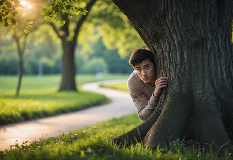 Pessoa jovem se escondendo atrás de uma árvore em um parque, olhando cautelosamente ao redor.