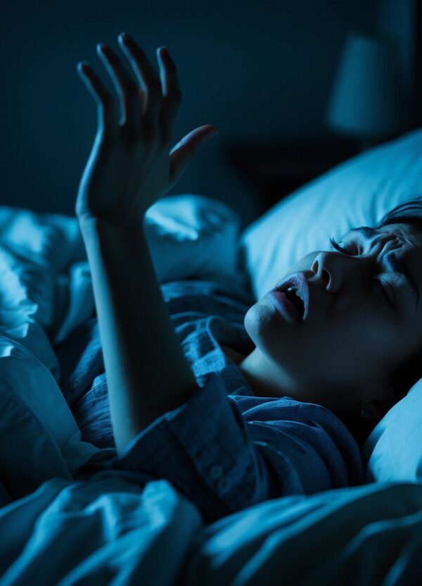 Pessoa deitada na cama com expressão de angústia, estendendo a mão como se pedisse socorro enquanto dorme.