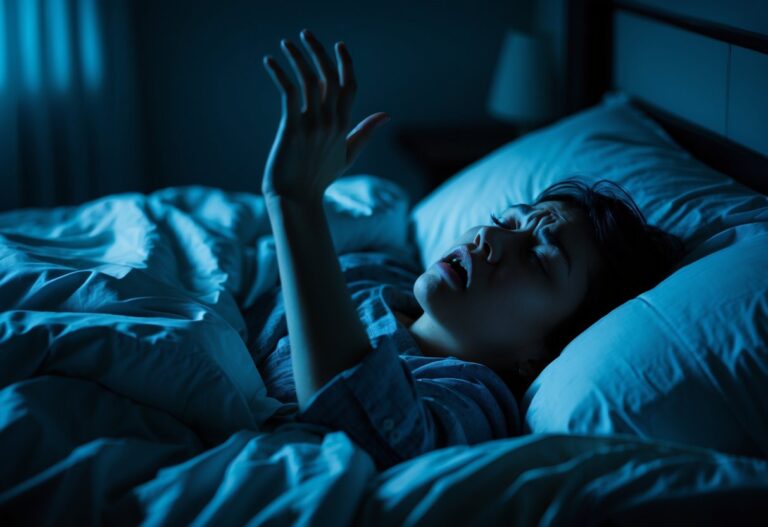 Pessoa deitada na cama com expressão de angústia, estendendo a mão como se pedisse socorro enquanto dorme.