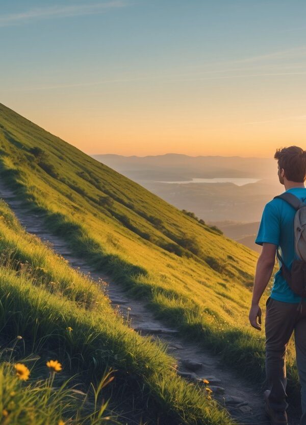Pessoa caminhando subindo uma ladeira íngreme ao nascer do sol, com expressão de esperança e determinação.