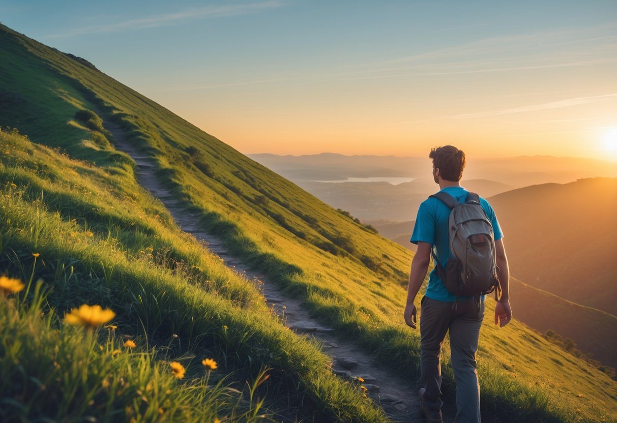 Pessoa caminhando subindo uma ladeira íngreme ao nascer do sol, com expressão de esperança e determinação.