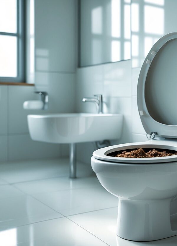 Banheiro moderno e limpo com vaso sanitário branco aberto mostrando fezes na privada.