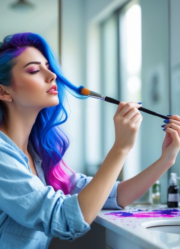 Mulher pintando o cabelo com cores vibrantes enquanto olha no espelho, em um ambiente claro e moderno.