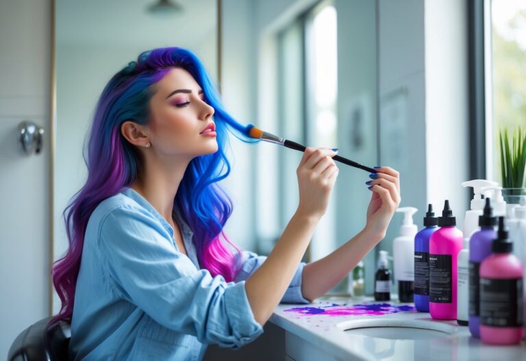 Mulher pintando o cabelo com cores vibrantes enquanto olha no espelho, em um ambiente claro e moderno.