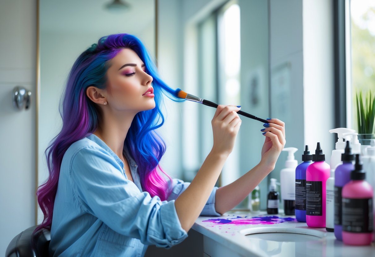 Mulher pintando o cabelo com cores vibrantes enquanto olha no espelho, em um ambiente claro e moderno.
